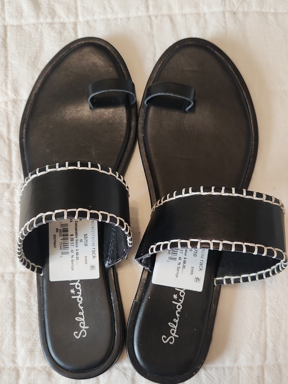 Splendid Black Leather Slide Sandals with White Stitching